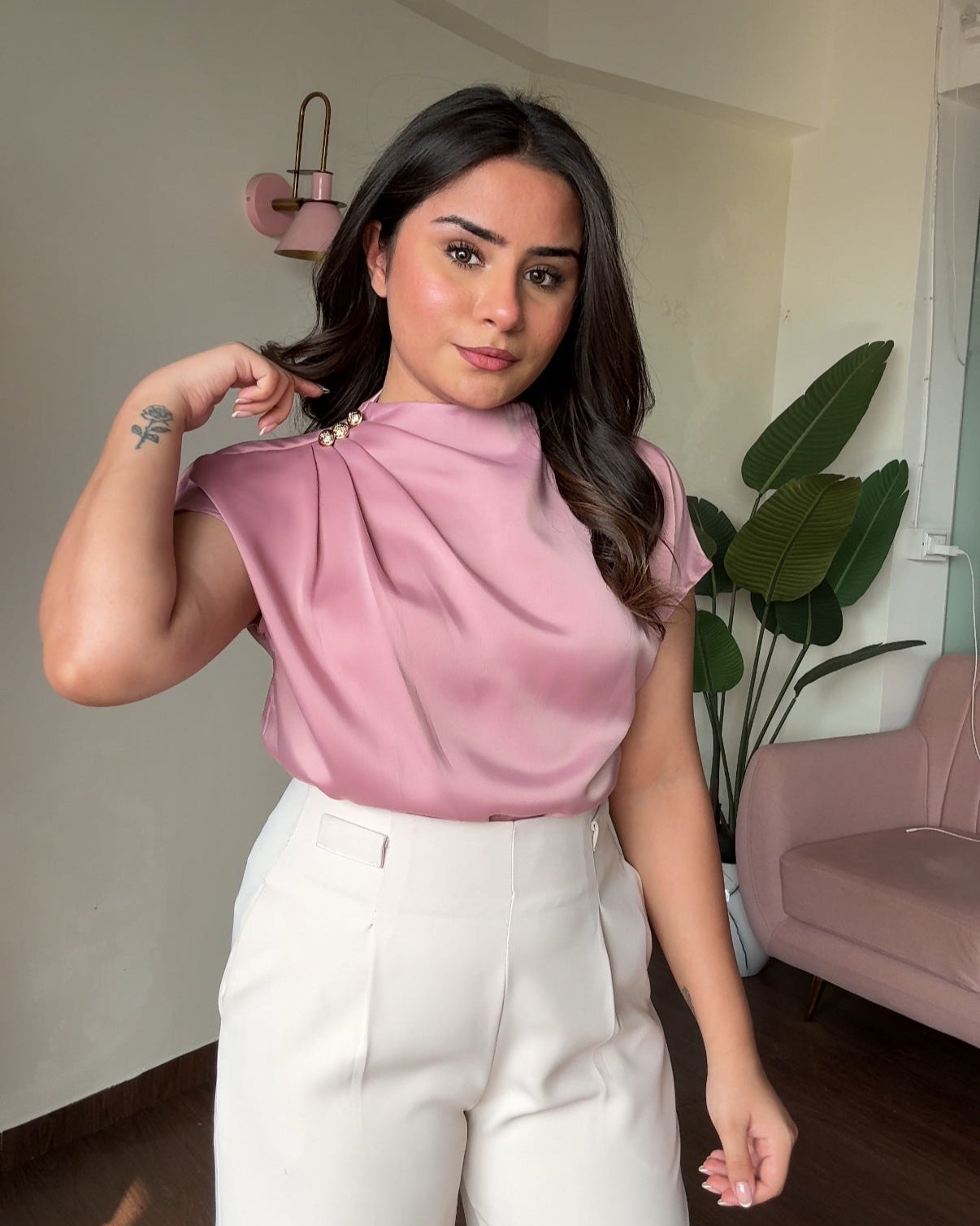 Golden Button Draped Satin Top