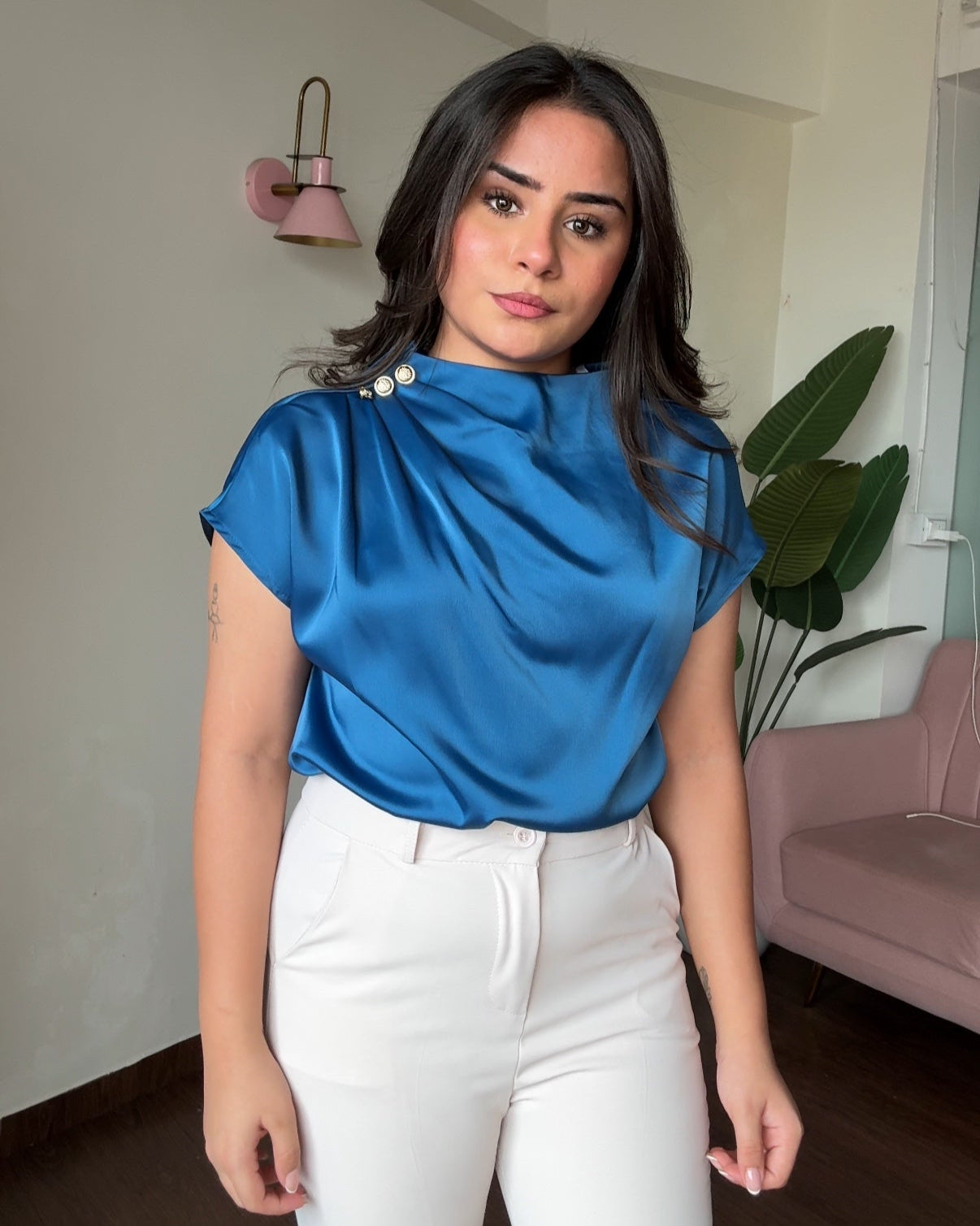 Golden Button Draped Satin Top