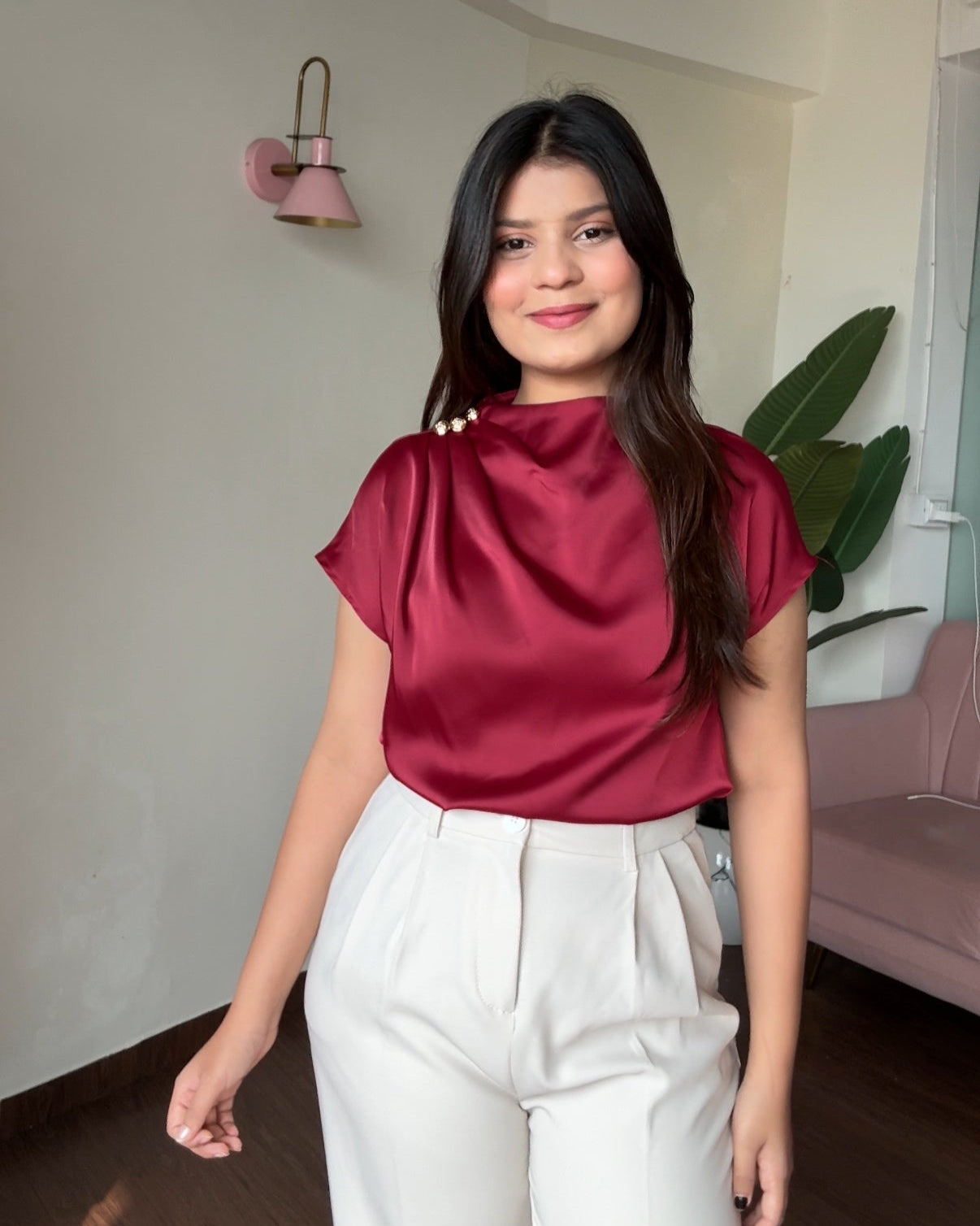Golden Button Draped Satin Top