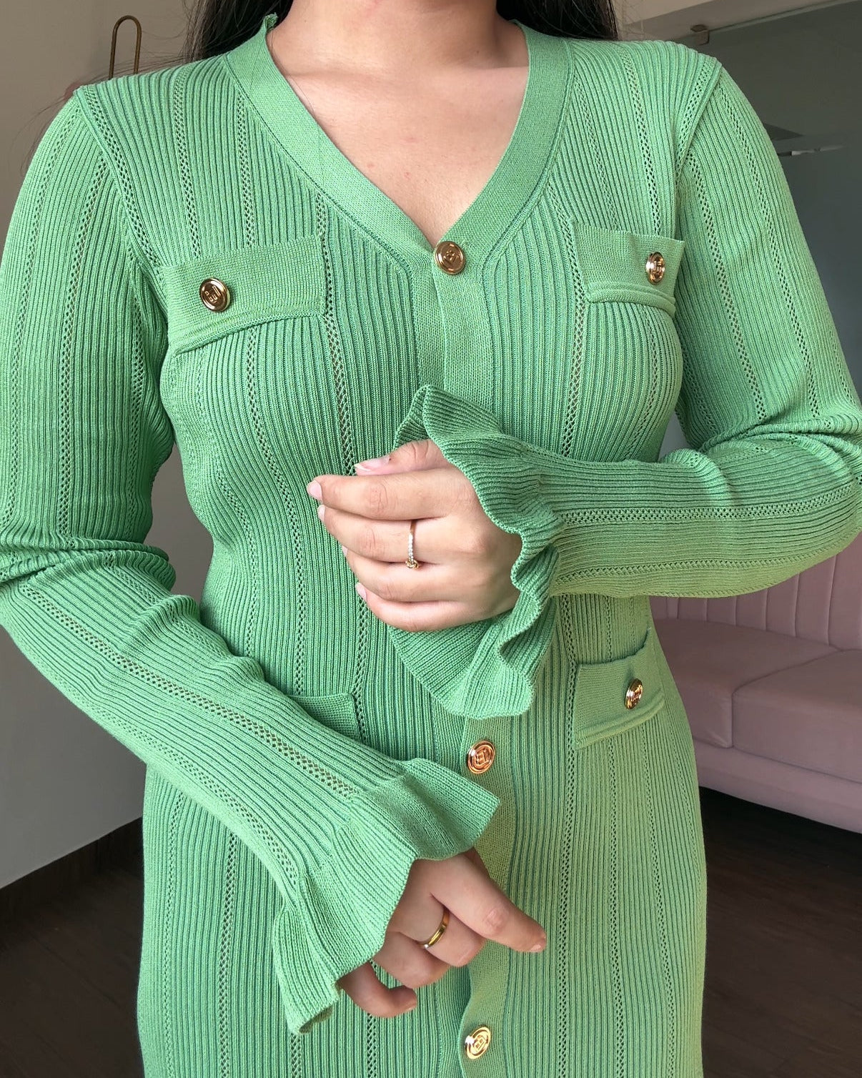 Golden Button Fit And Flared Ruffle Midi Dress