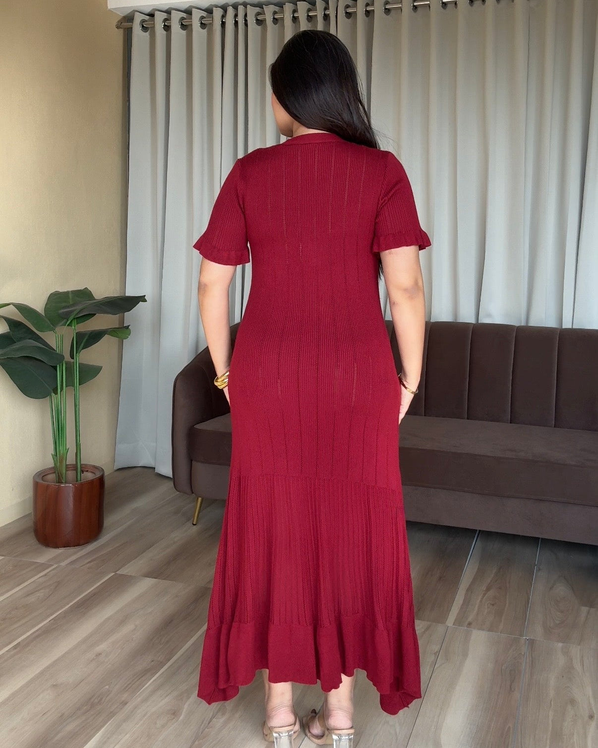 Golden Button Texture Midi Fit And Flared Dress