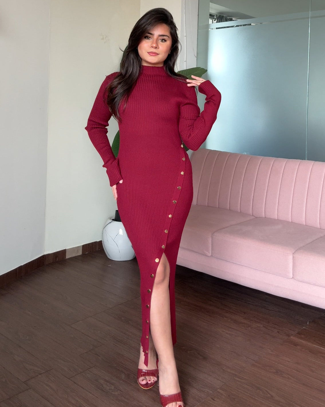 Golden Button Slit Detailing High Neck Midi Dress