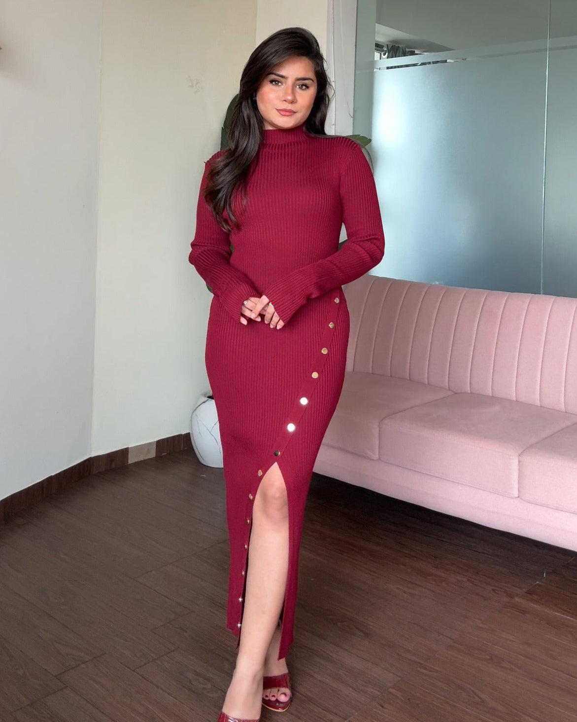 Golden Button Slit Detailing High Neck Midi Dress