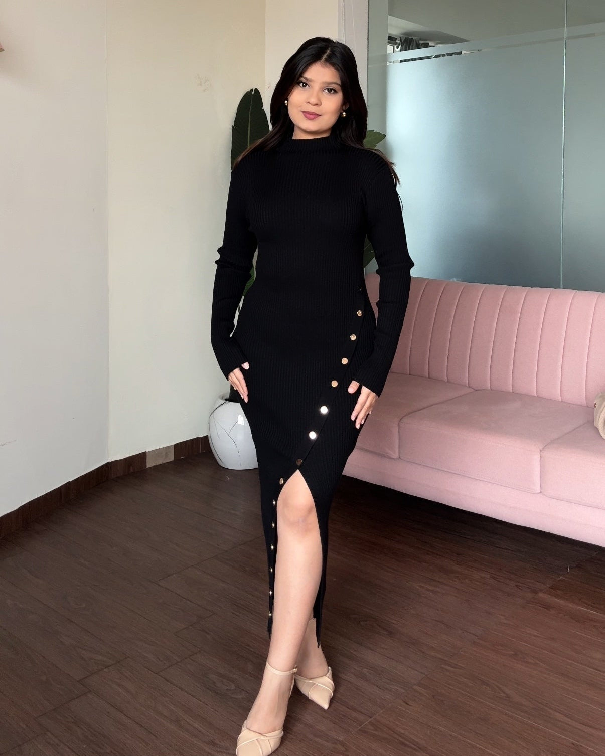 Golden Button Slit Detailing High Neck Midi Dress