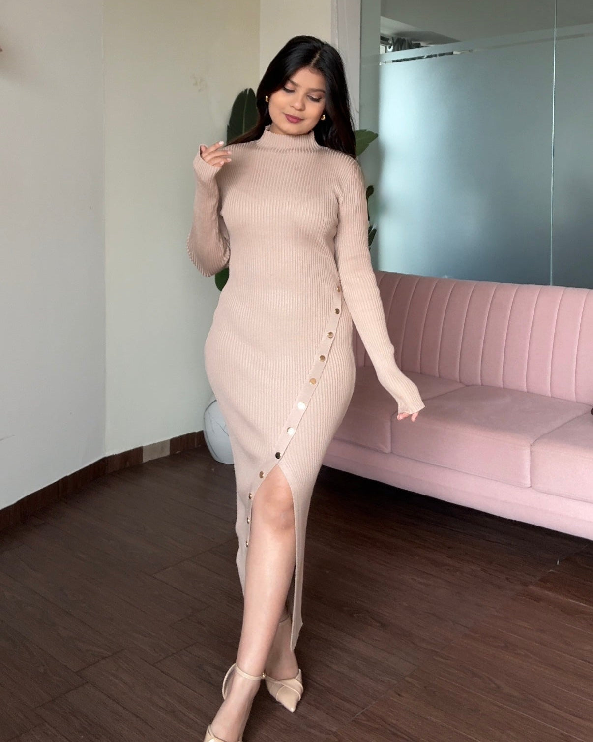Golden Button Slit Detailing High Neck Midi Dress