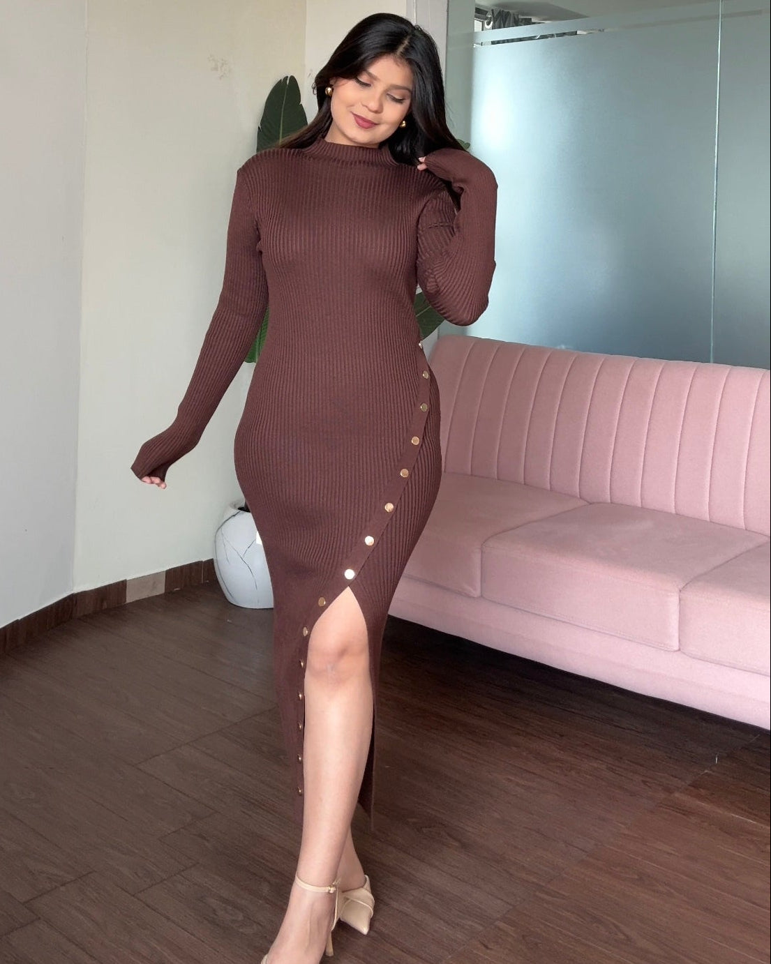 Golden Button Slit Detailing High Neck Midi Dress