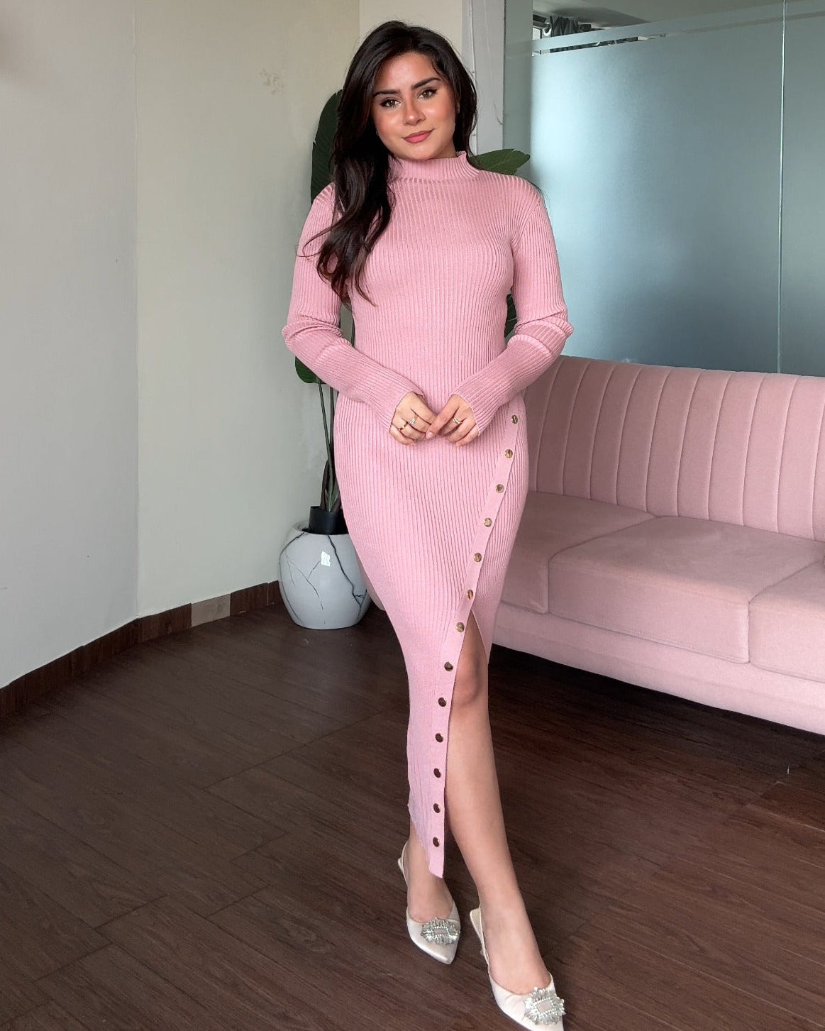 Golden Button Slit Detailing High Neck Midi Dress