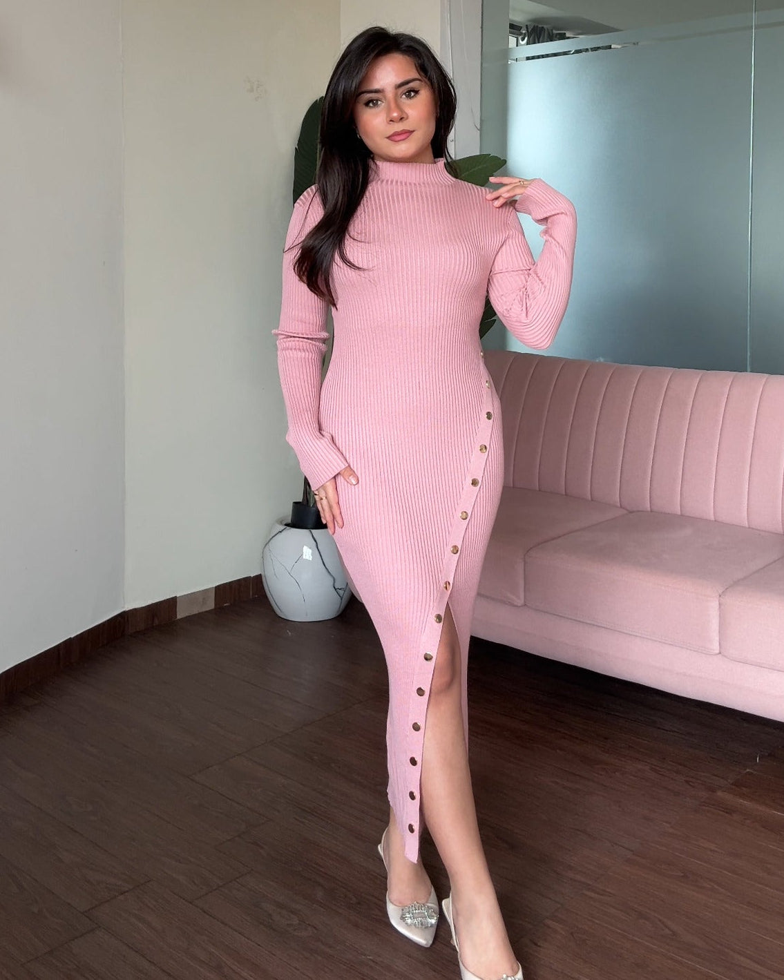 Golden Button Slit Detailing High Neck Midi Dress
