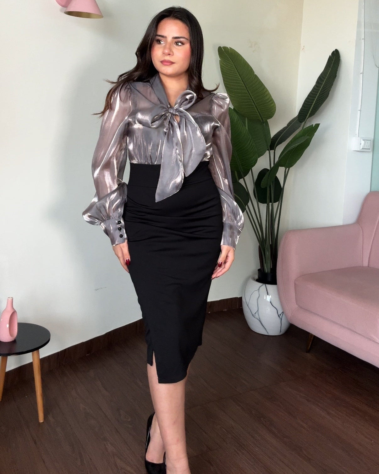 Grey Organza Tie Up Formal Dress