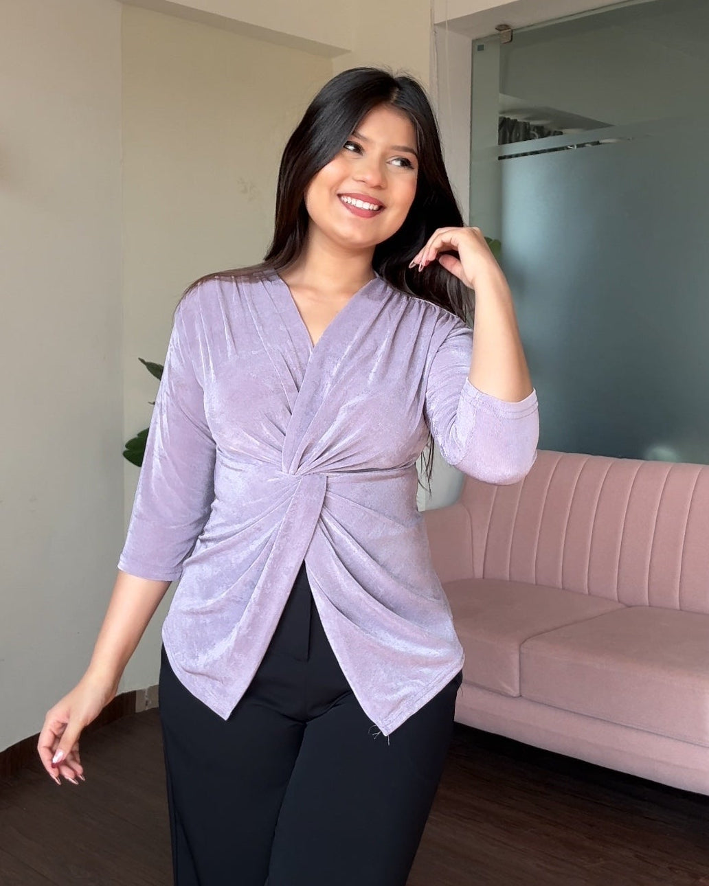 Half Sleeve Twist Knot V Neck Top