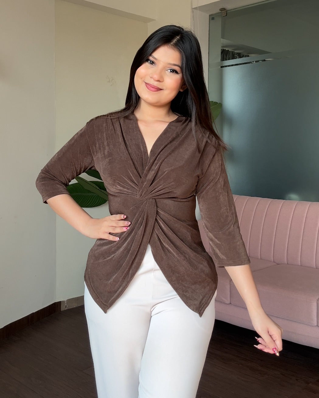 Half Sleeve Twist Knot V Neck Top