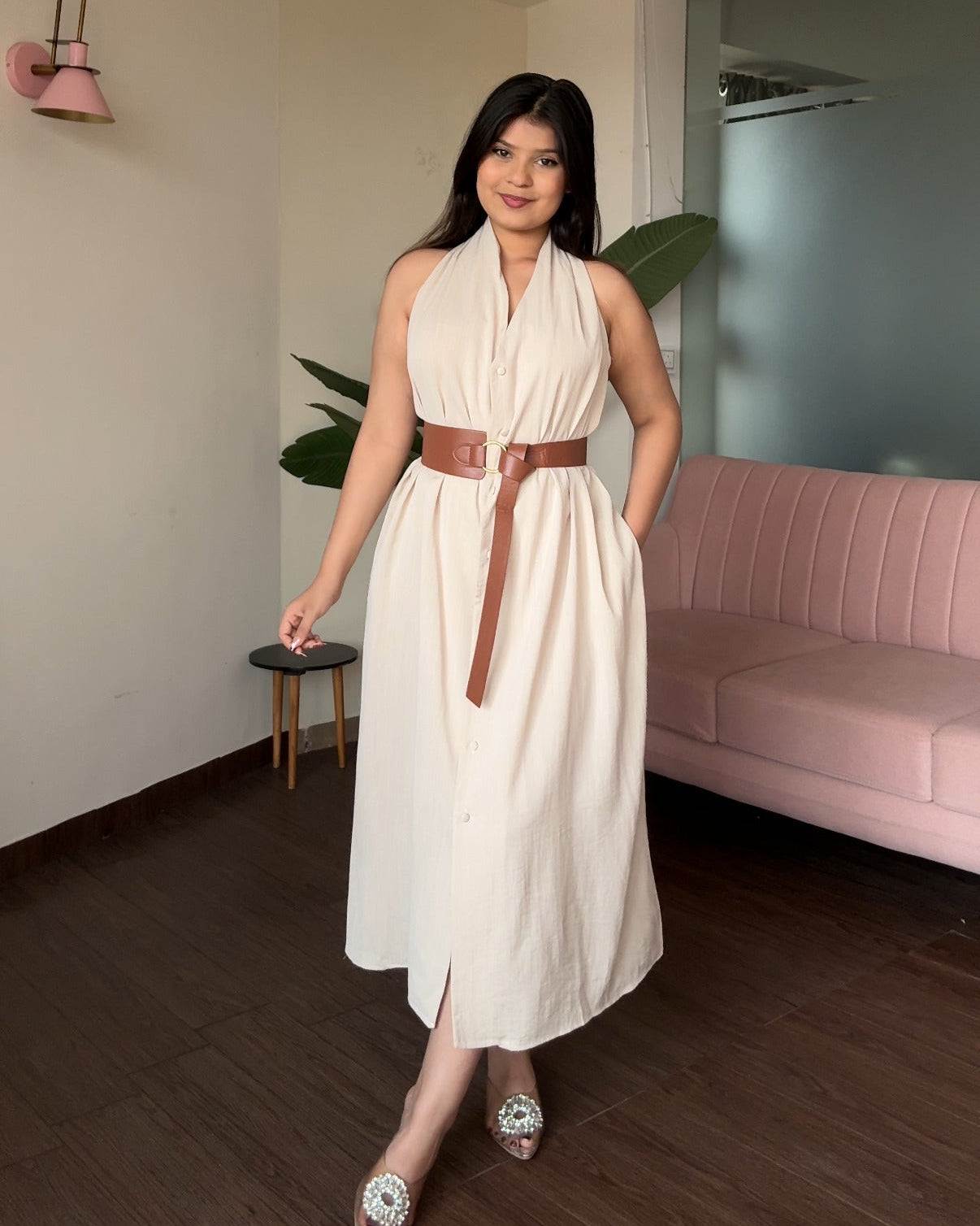 Halter Neck Belted Midi Dress