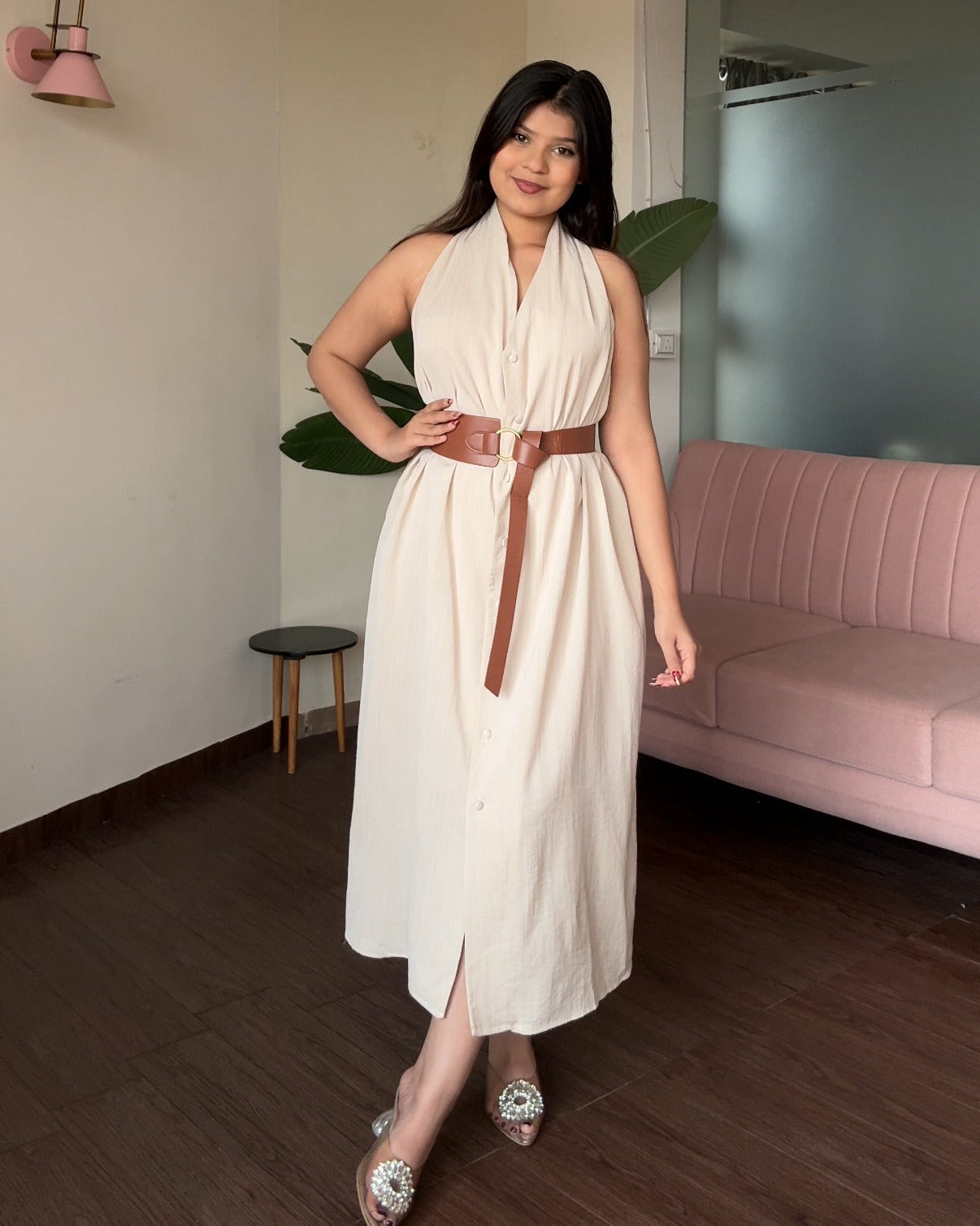 Halter Neck Belted Midi Dress