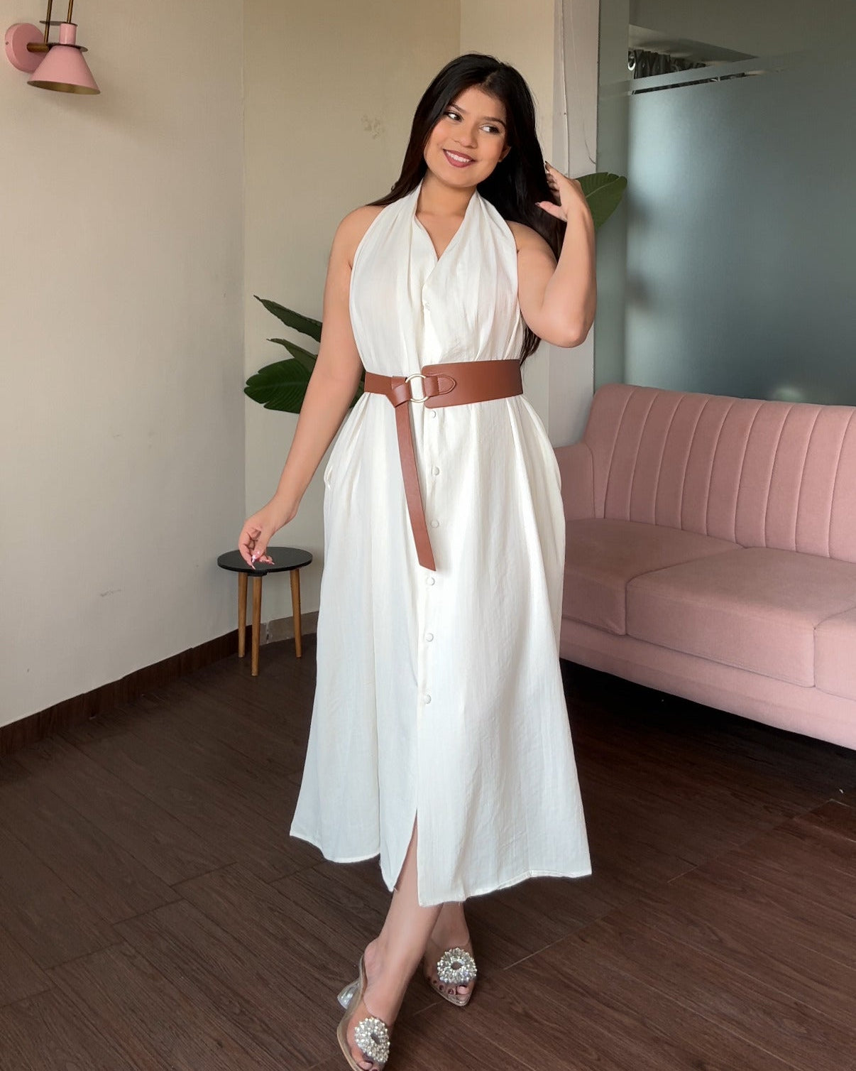Halter Neck Belted Midi Dress
