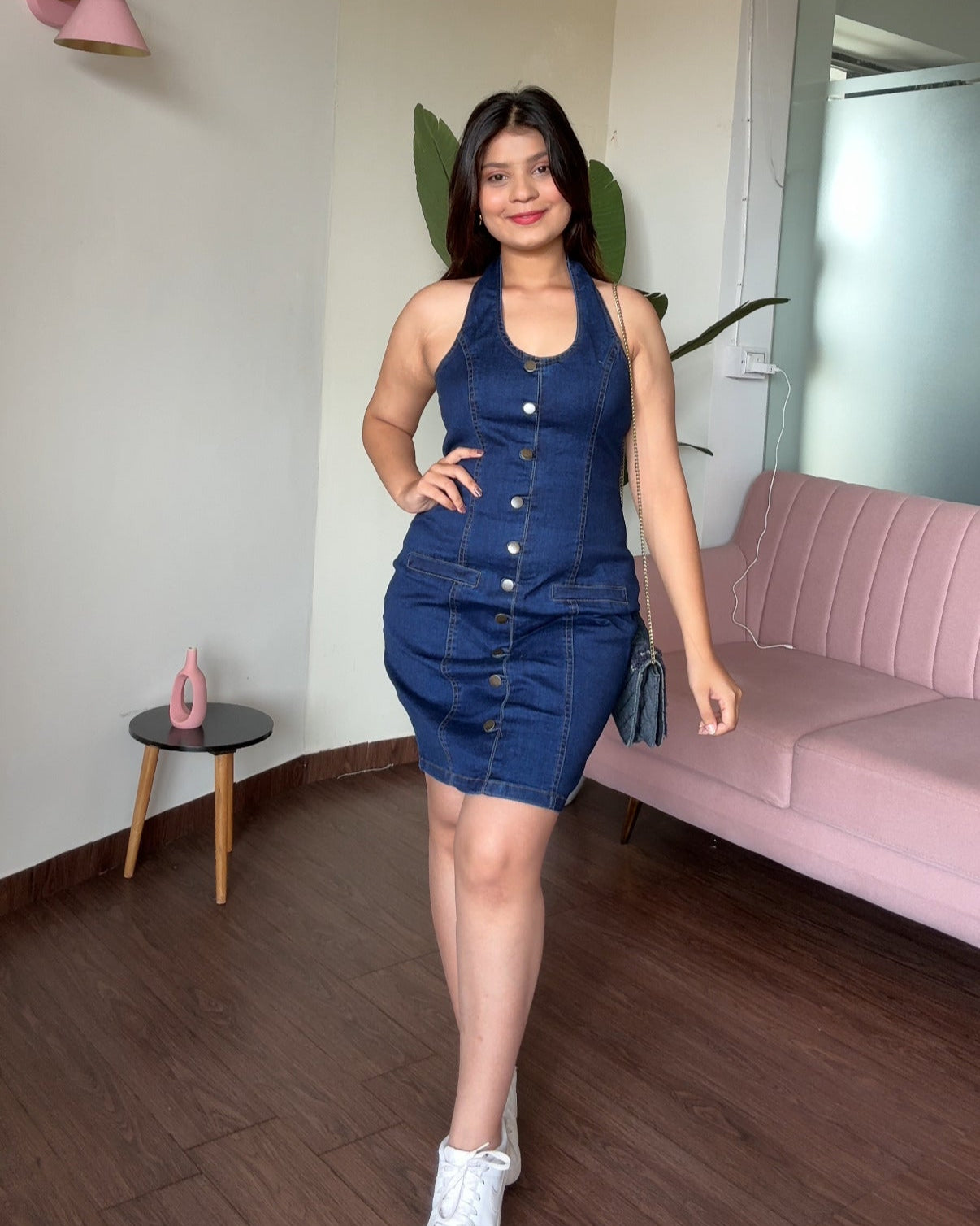 Halter Neck Button Up Denim Dress