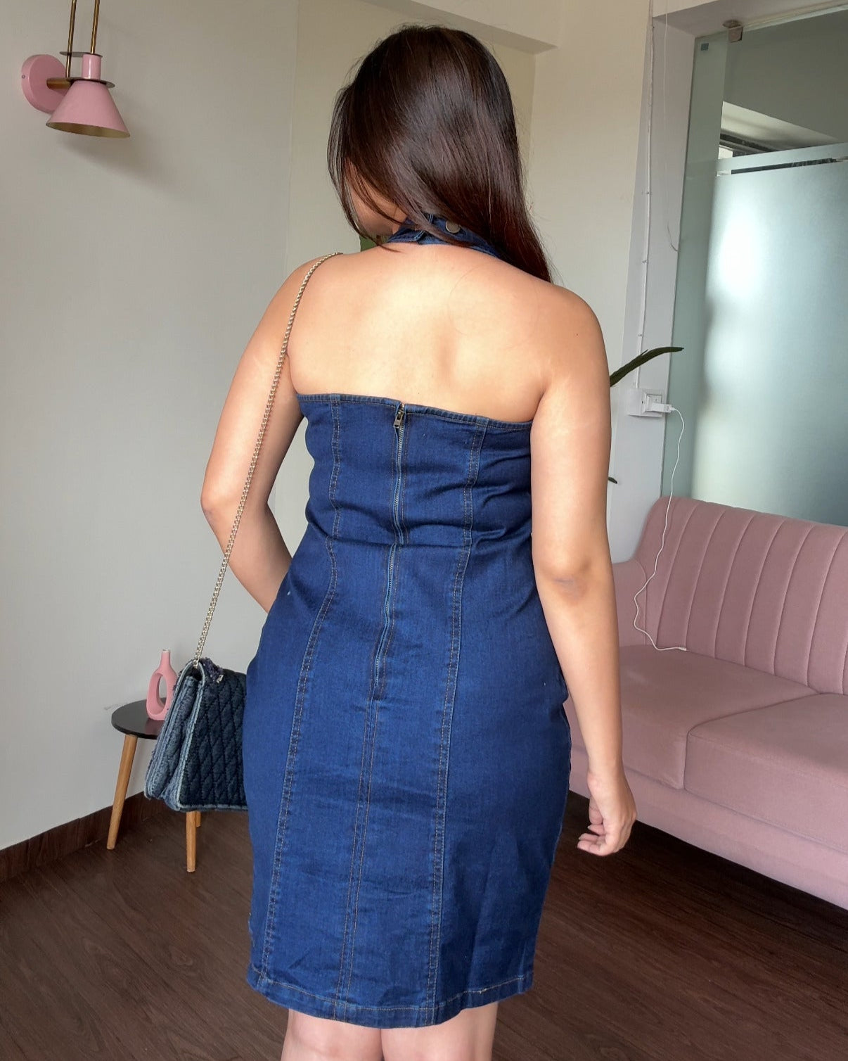 Halter Neck Button Up Denim Dress