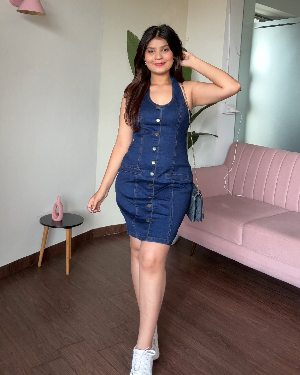 Halter Neck Button Up Denim Dress