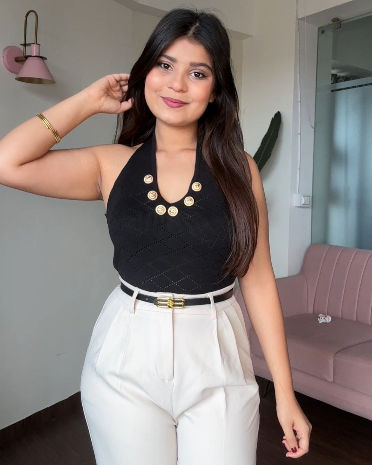 Halter Neck Golden Button Detailing Top