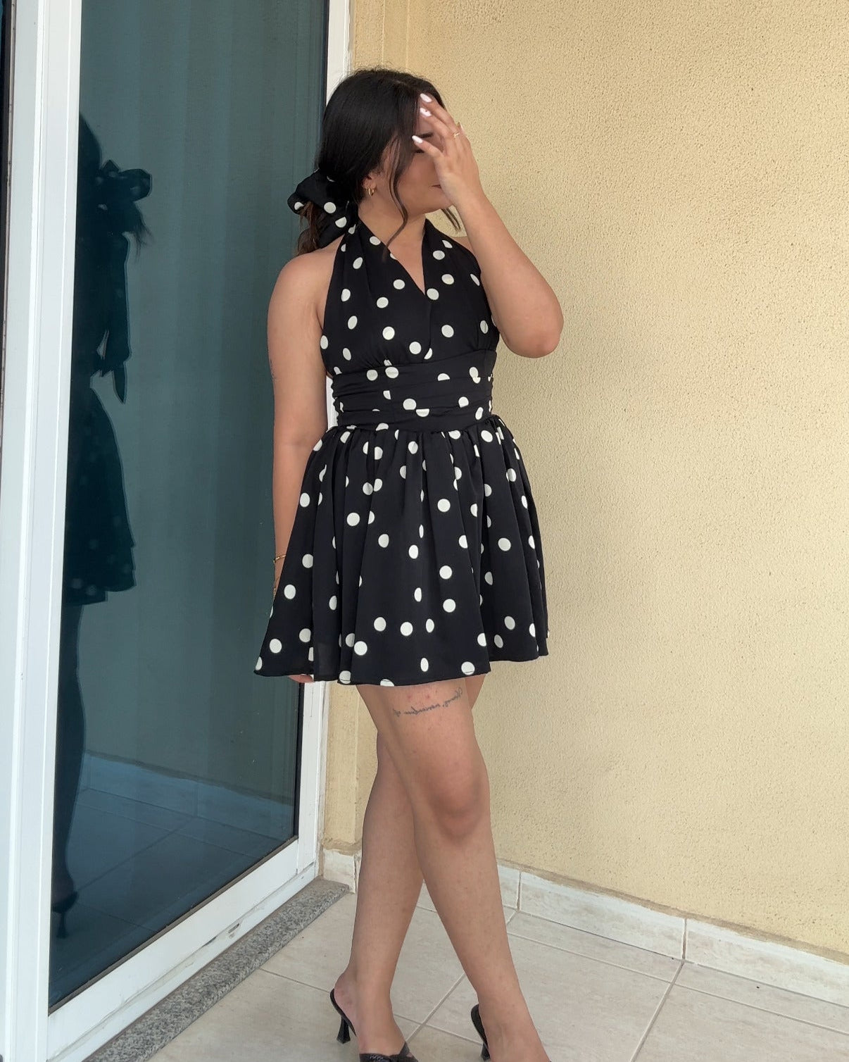 Halter Neck Polka Dot Mini Flared Dress