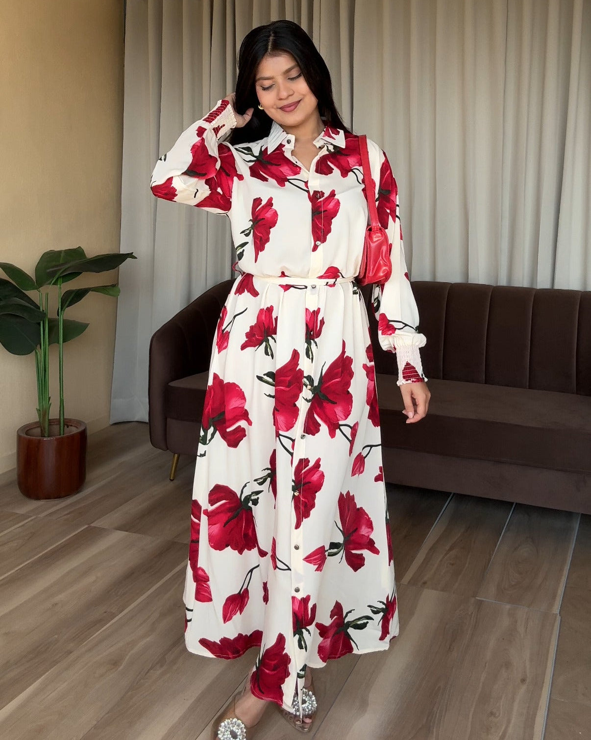 Hibiscus Printed Shirt Midi Dress With Belt