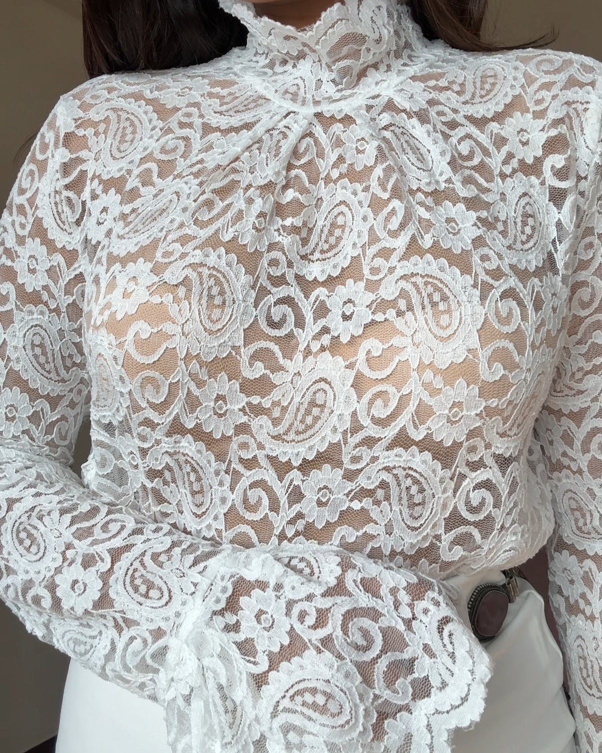 High-Neck Sheer Lacy Bell Sleeve Top