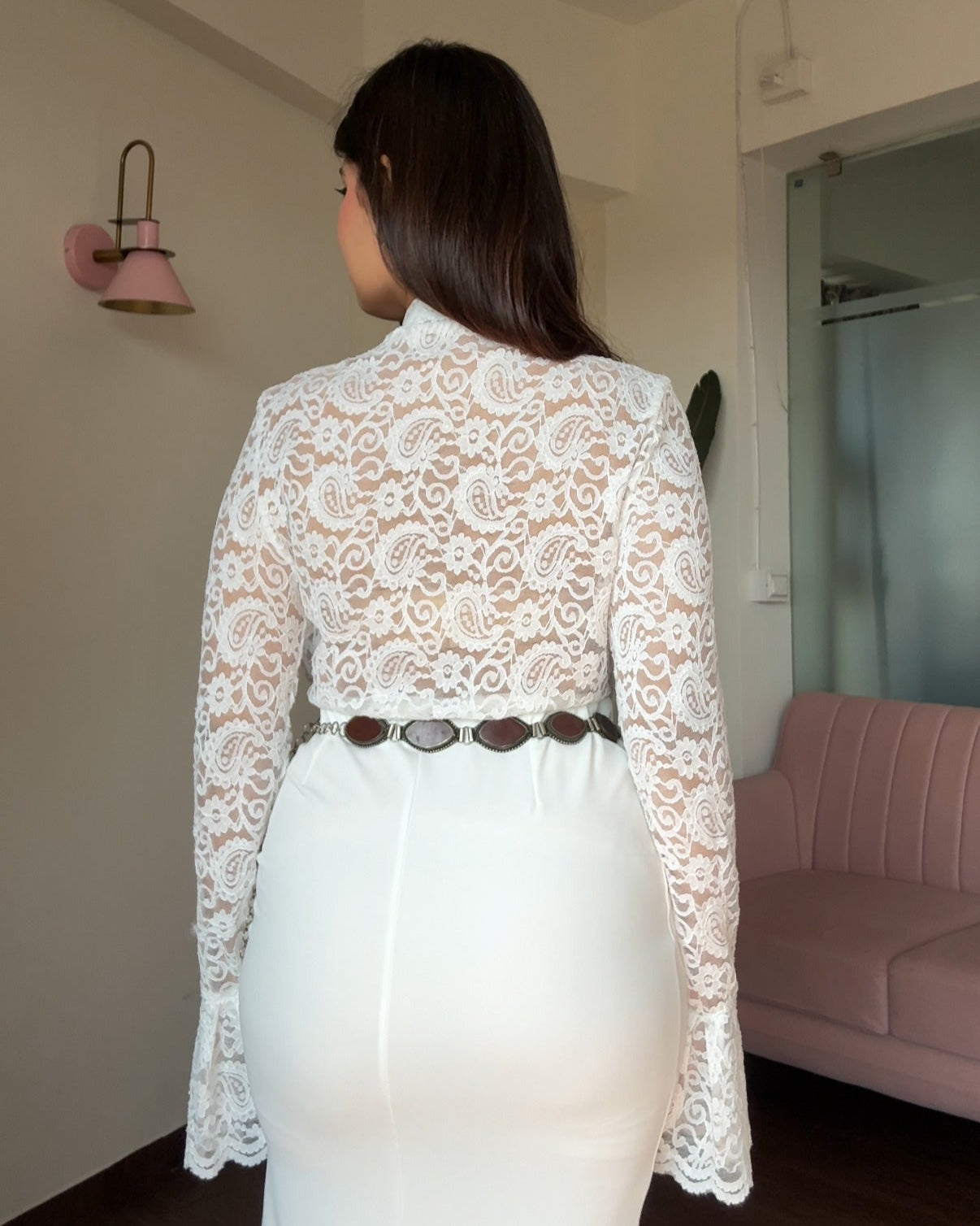 High-Neck Sheer Lacy Bell Sleeve Top