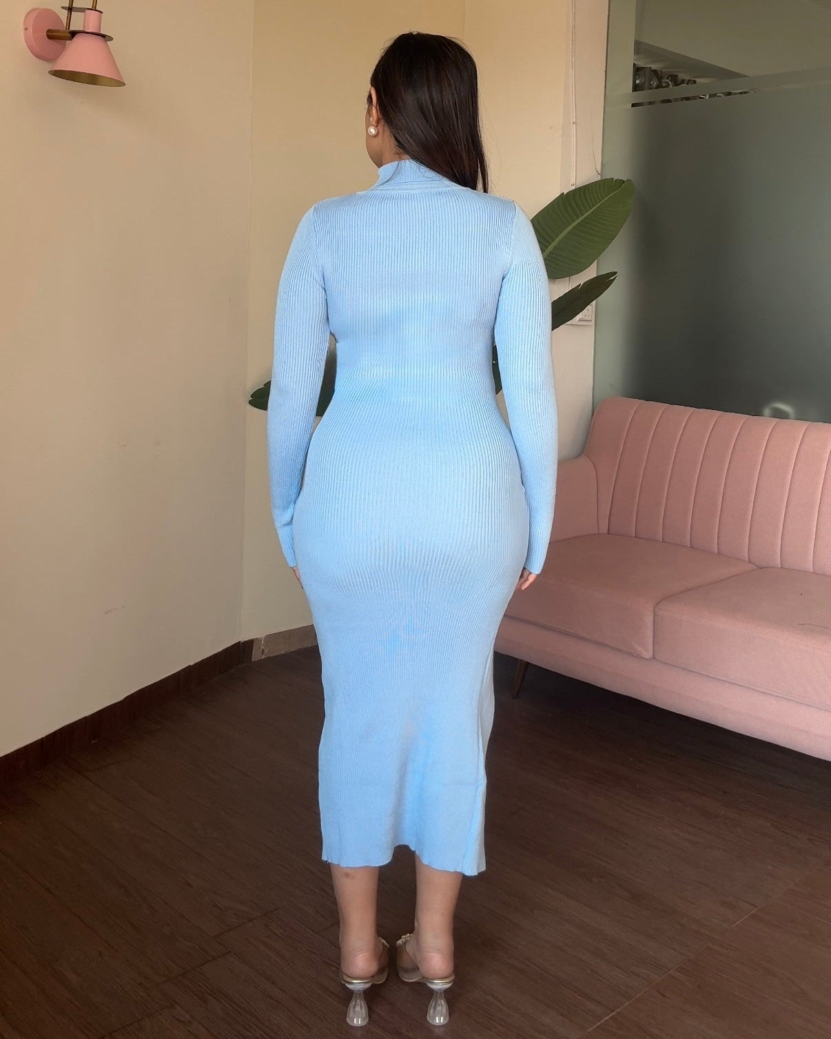 High Neck Bodycon Dress With Slit