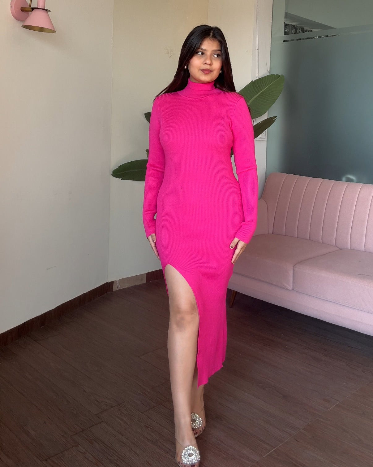 High Neck Bodycon Dress With Slit