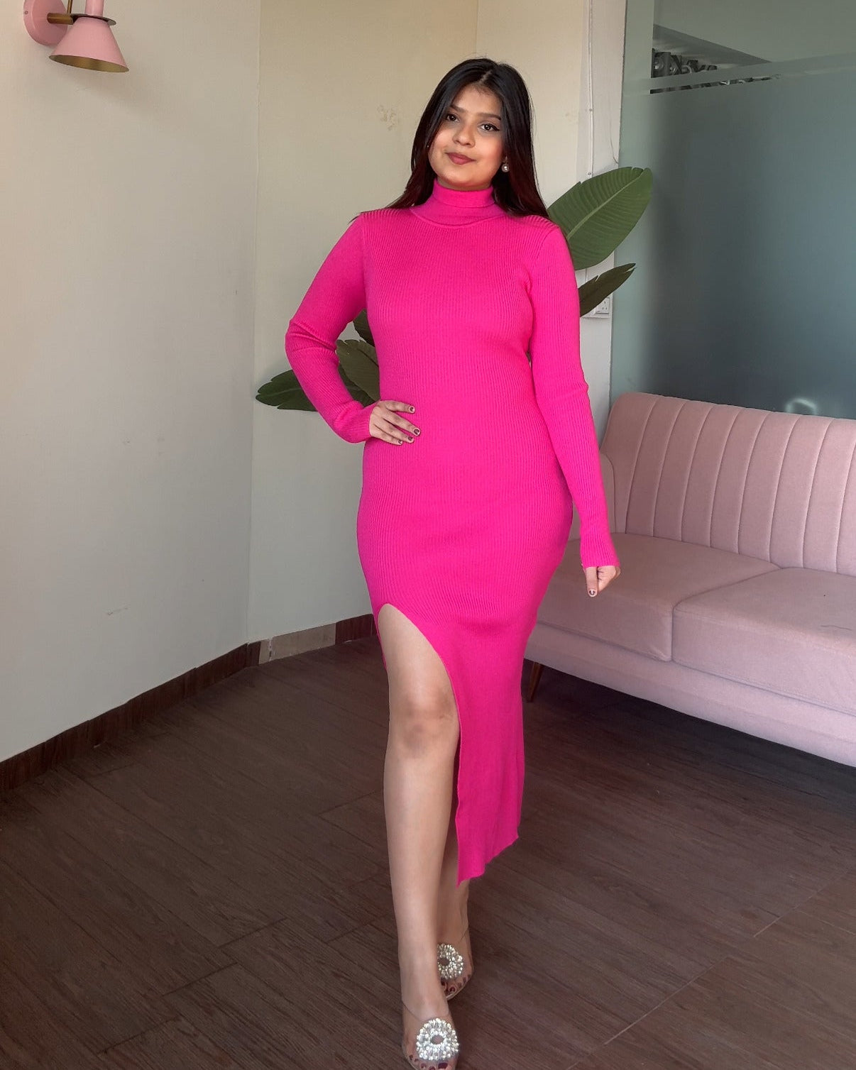 High Neck Bodycon Dress With Slit