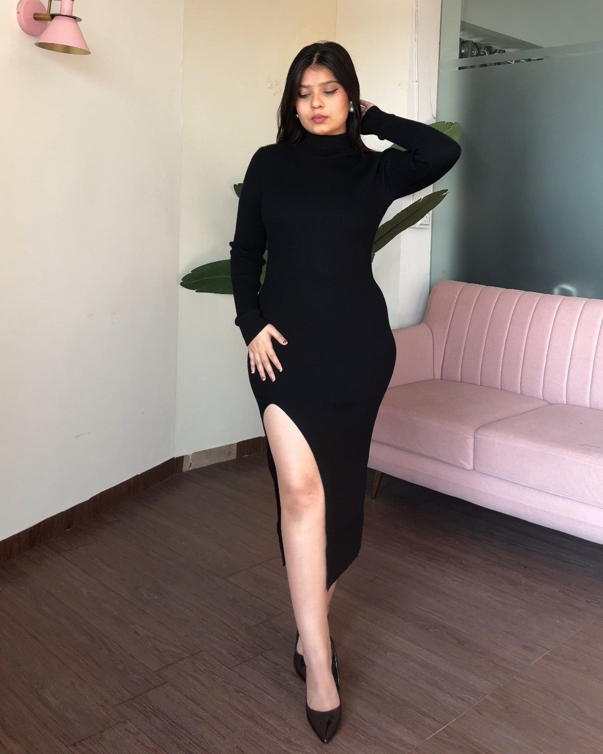 High Neck Bodycon Dress With Slit