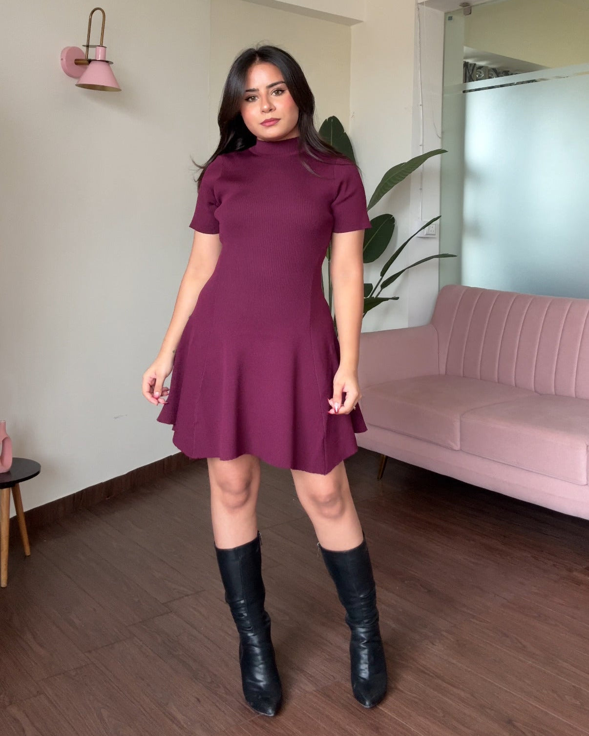 High Neck Ribbed Knitted Flared Mini Dress