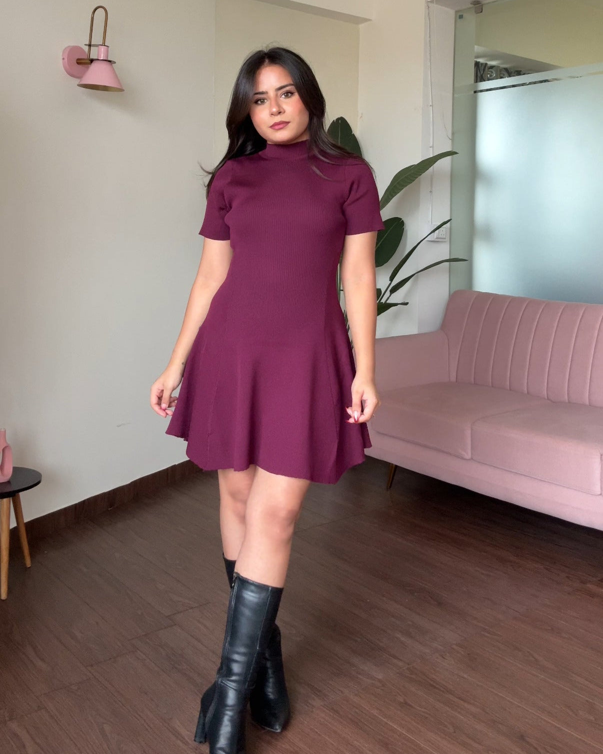 High Neck Ribbed Knitted Flared Mini Dress