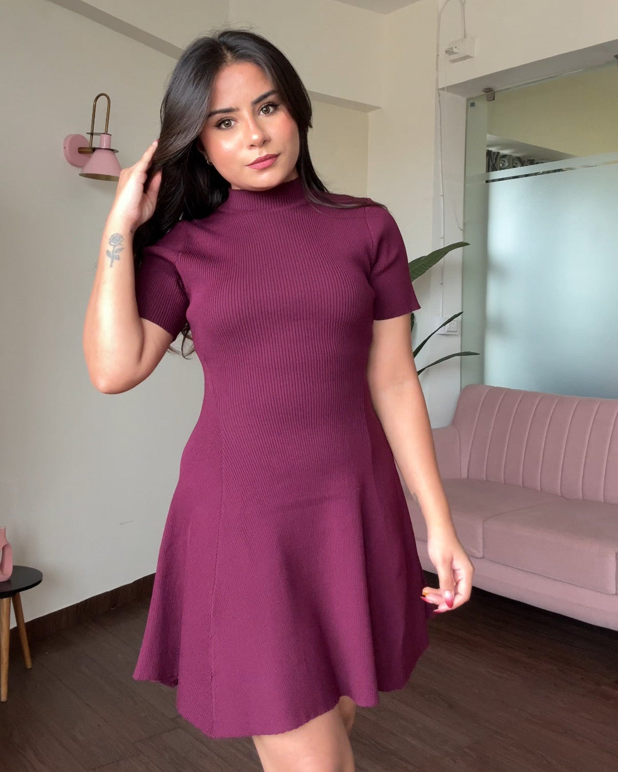 High Neck Ribbed Knitted Flared Mini Dress