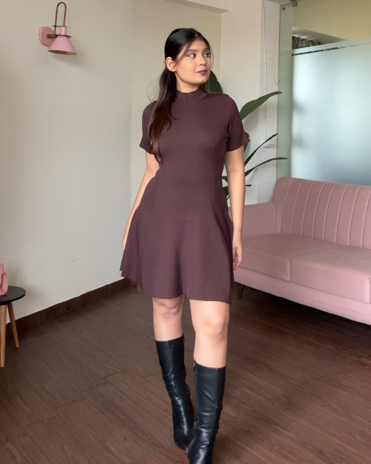 High Neck Ribbed Knitted Flared Mini Dress