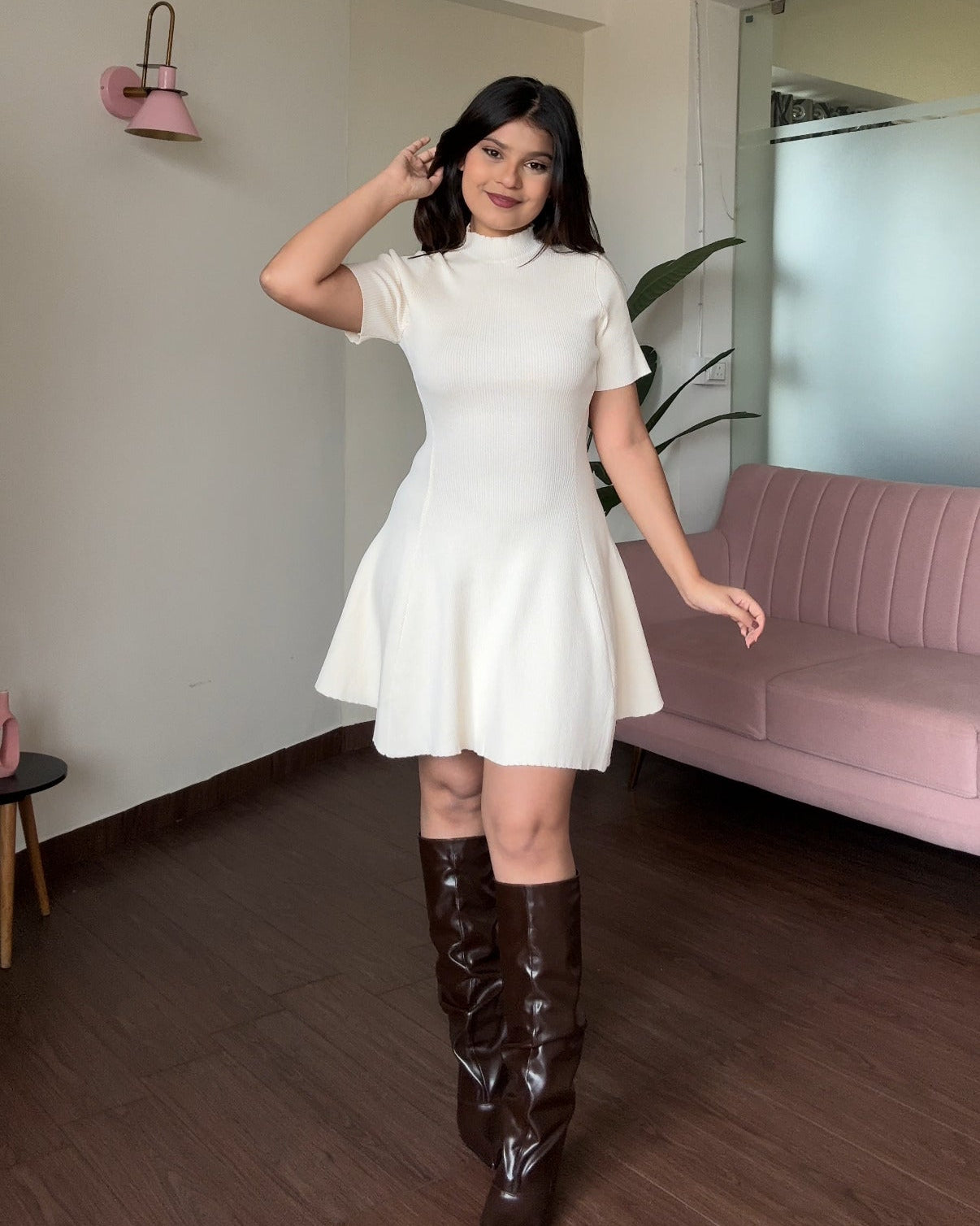 High Neck Ribbed Knitted Flared Mini Dress