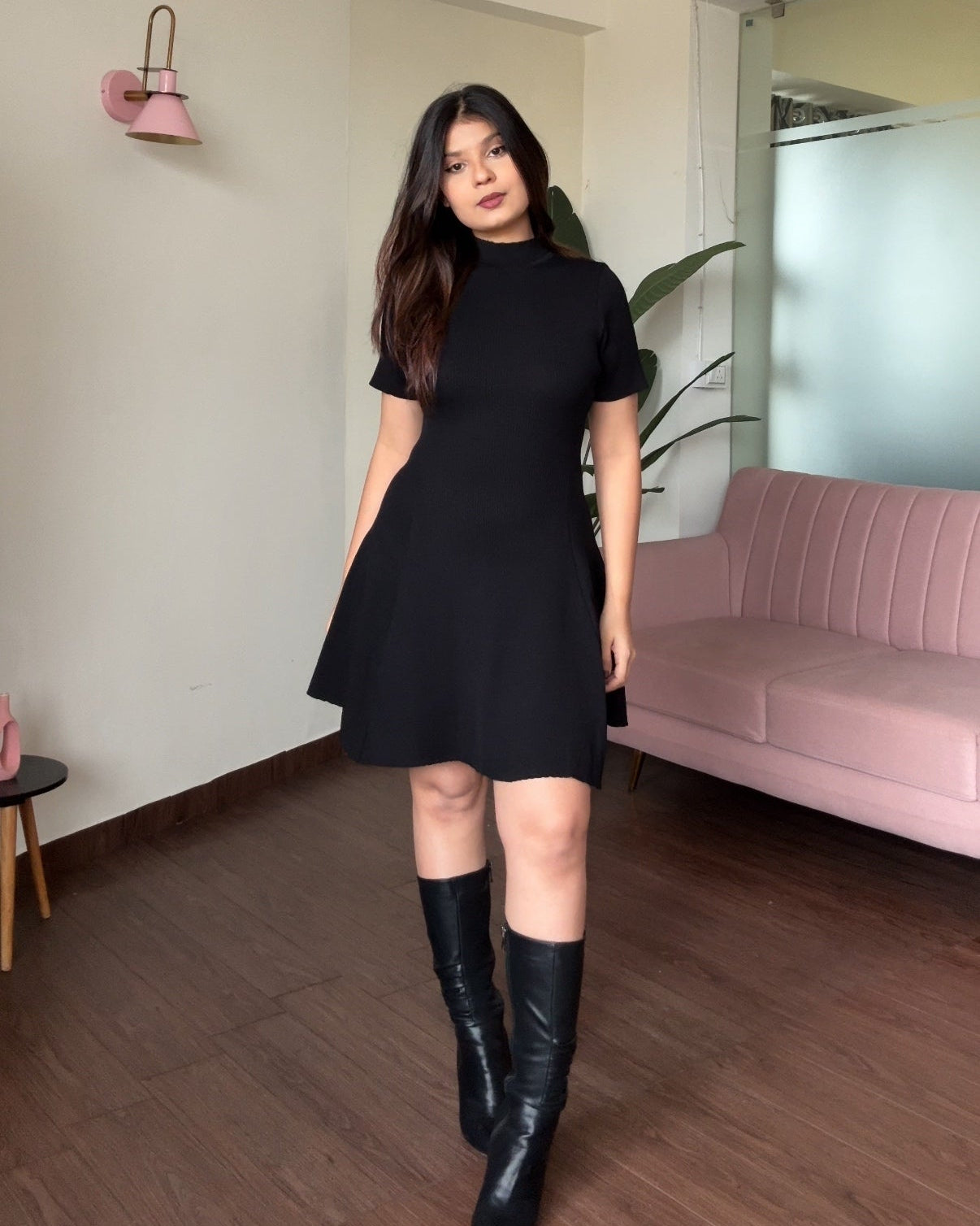 High Neck Ribbed Knitted Flared Mini Dress