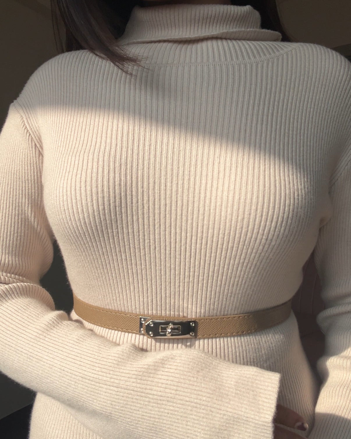 High Neck Ribbed Knitted Midi Dress With Belt