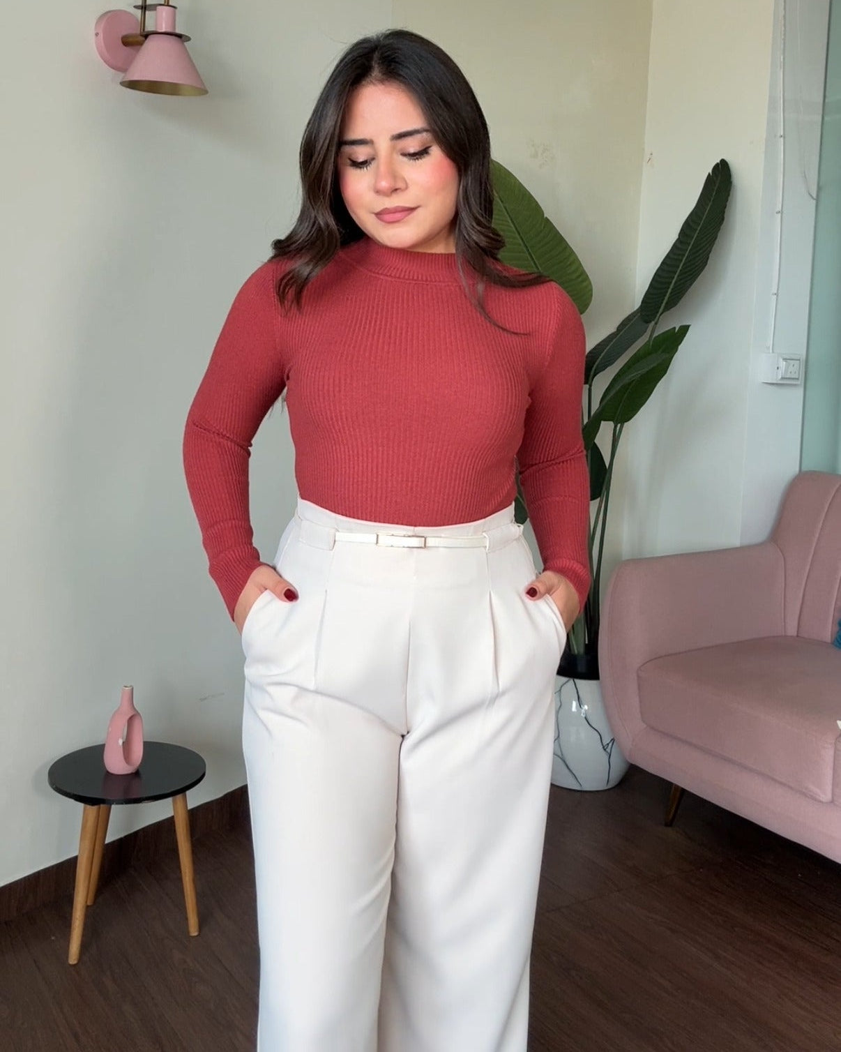High Neck Ribbed Knitted Top