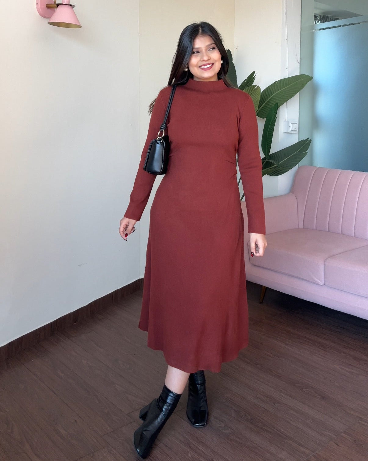 High Neck Ruched Detailing Winter Midi Dress