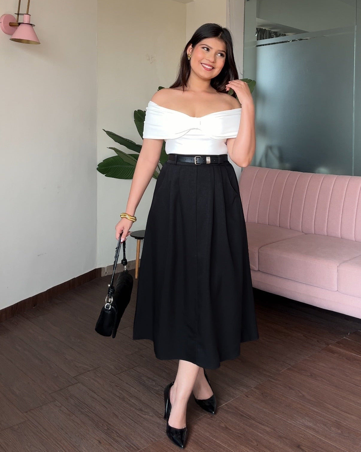 High Waist Flared Midi Skirt With Belt