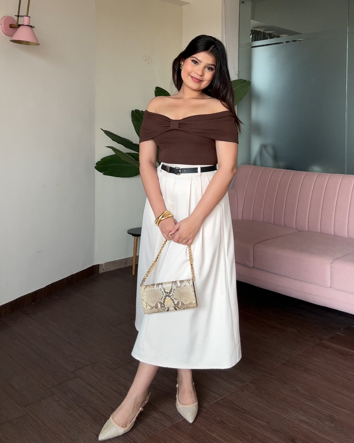 High Waist Flared Midi Skirt With Belt