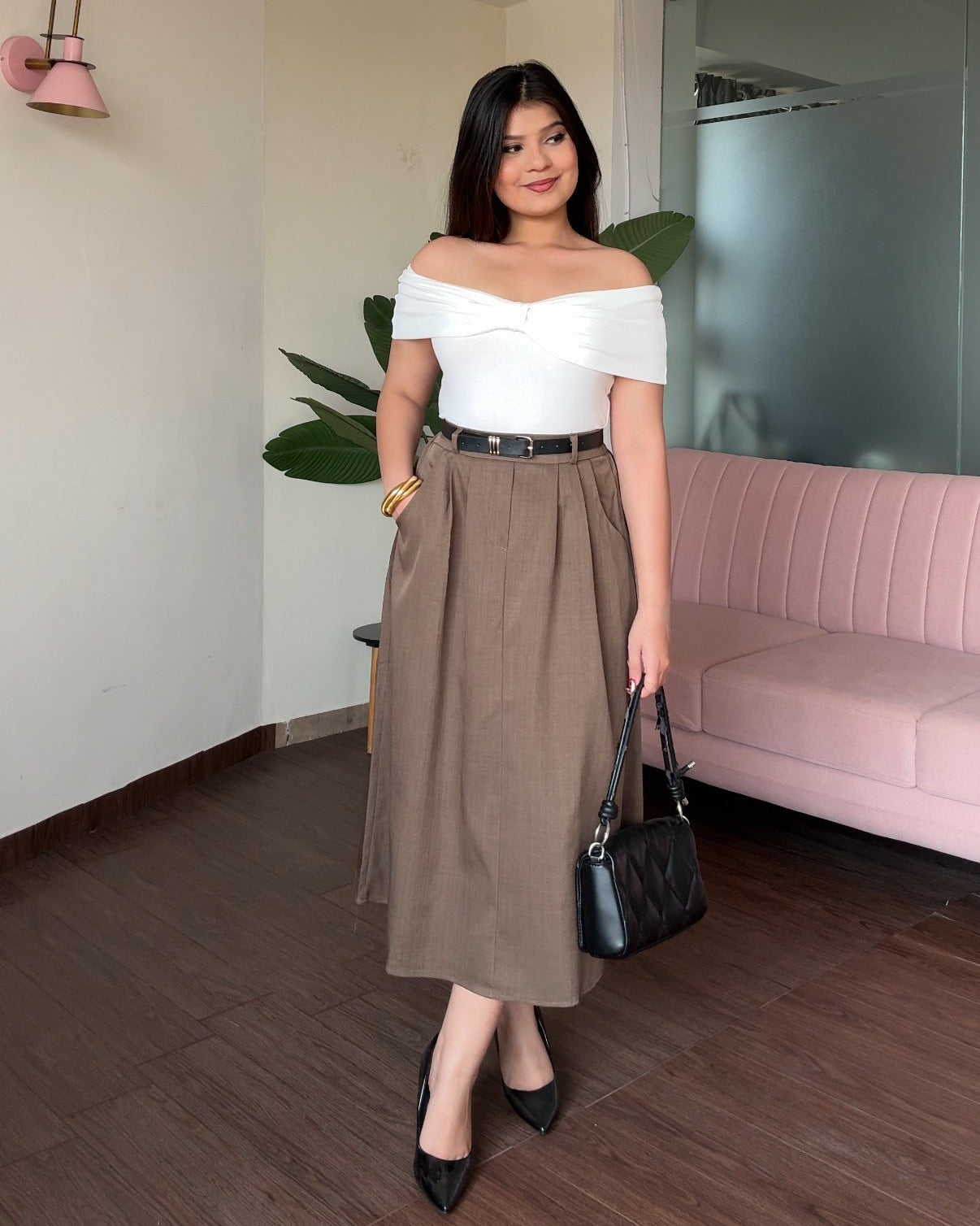 High Waist Flared Midi Skirt With Belt