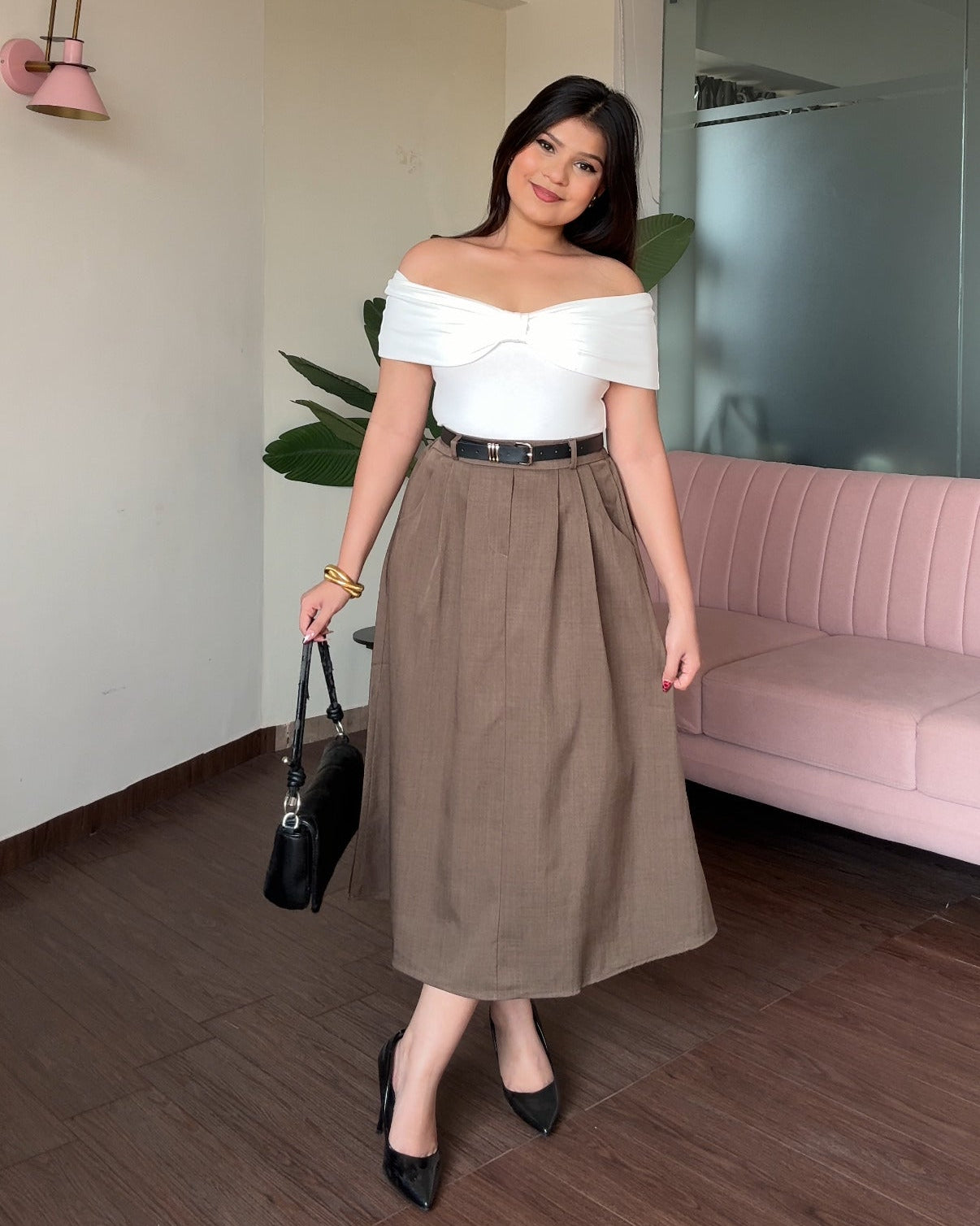 High Waist Flared Midi Skirt With Belt