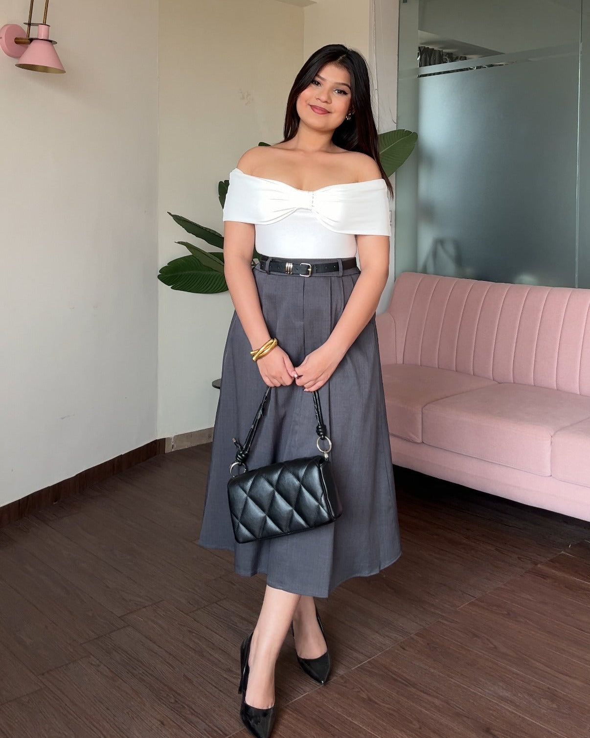 High Waist Flared Midi Skirt With Belt