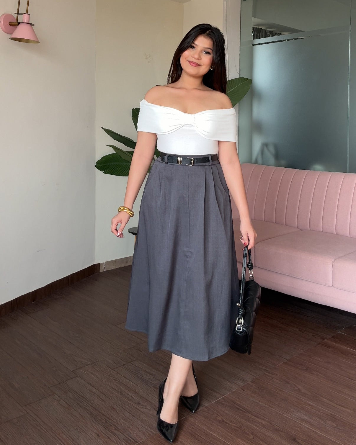 High Waist Flared Midi Skirt With Belt