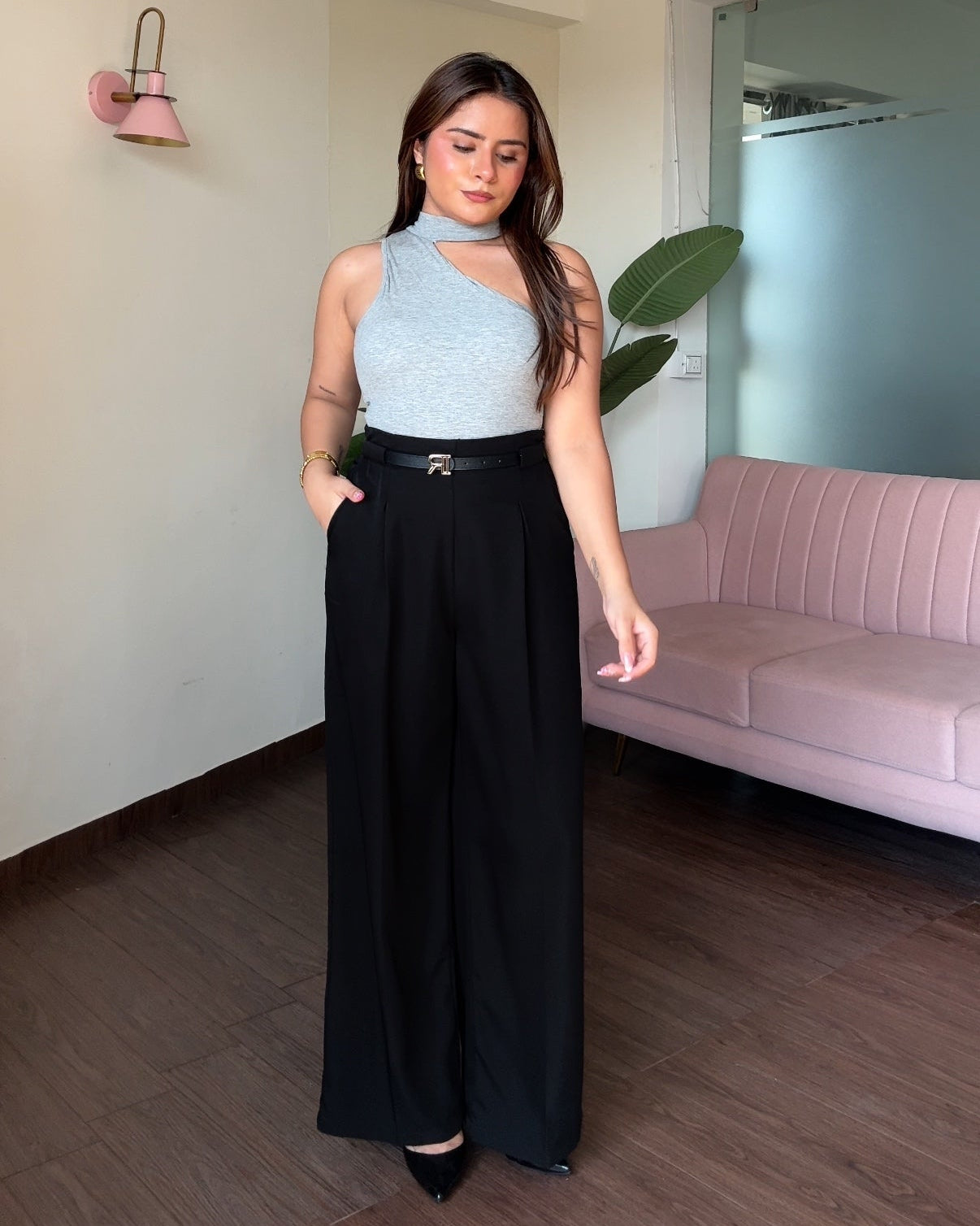 High Waist Wide Leg Belted Trouser