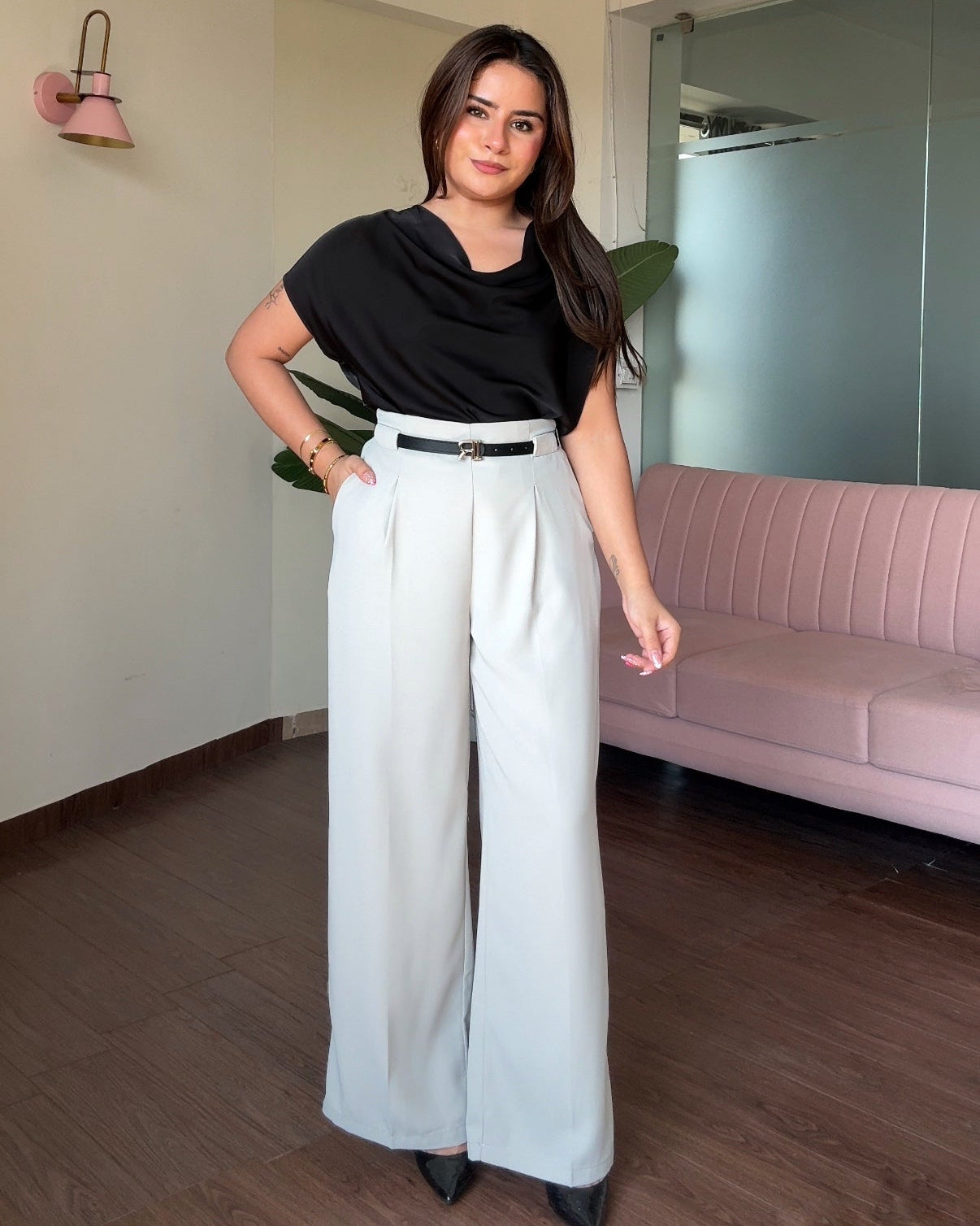 High Waist Wide Leg Belted Trouser