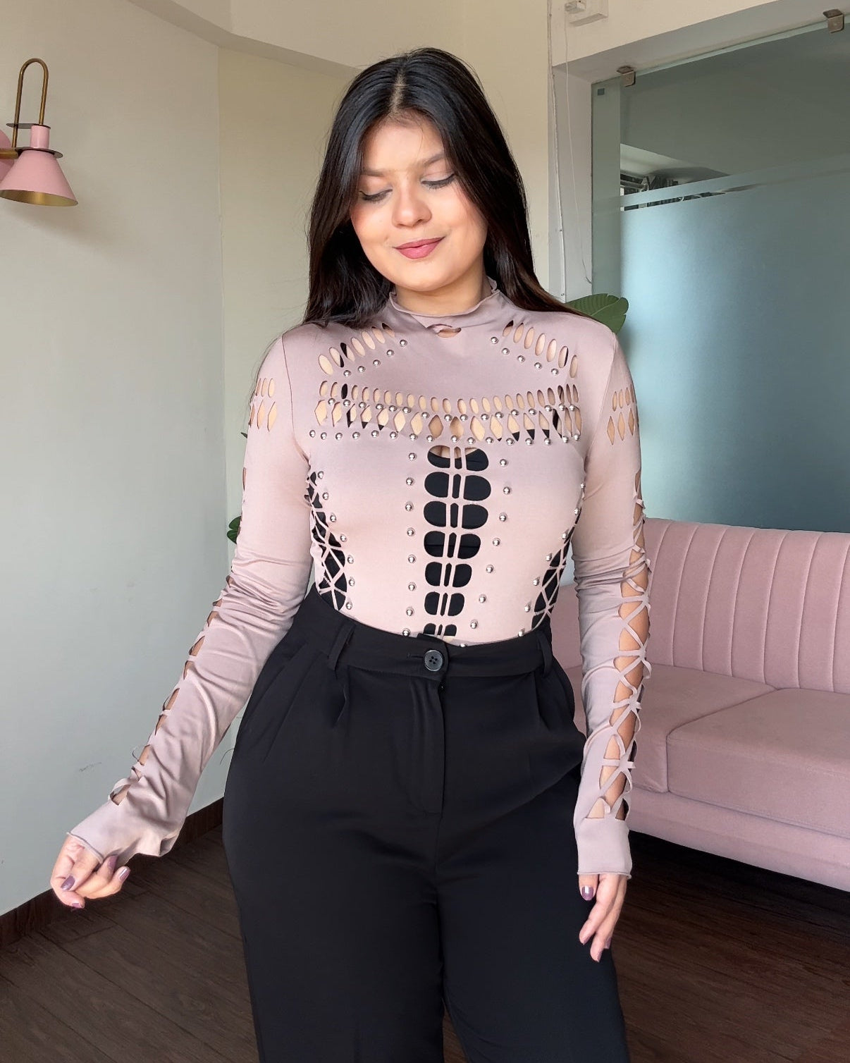 Cut Work Golden Stone Detailing Bodysuit