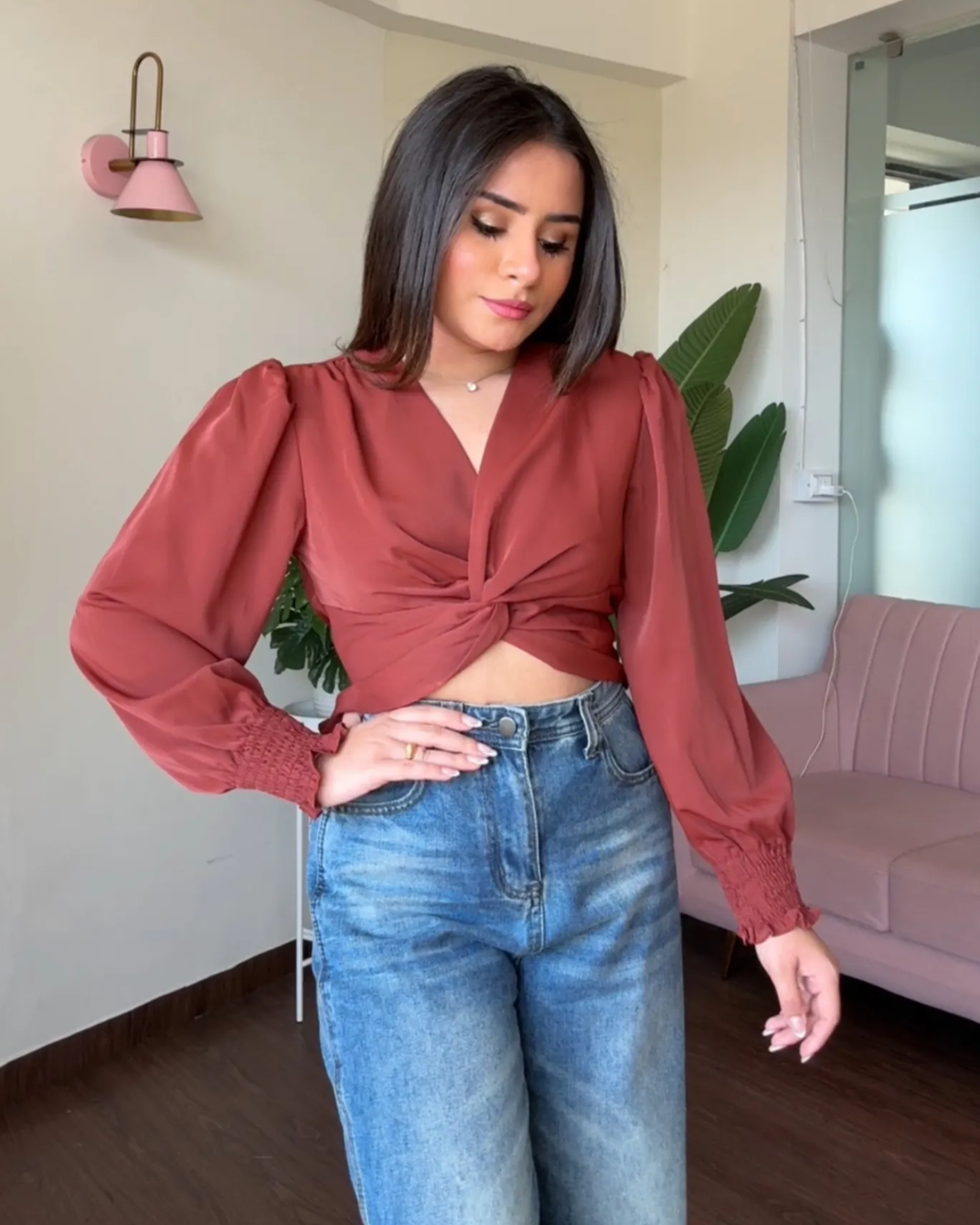 Puff Sleeves Knot Detail Crop Top