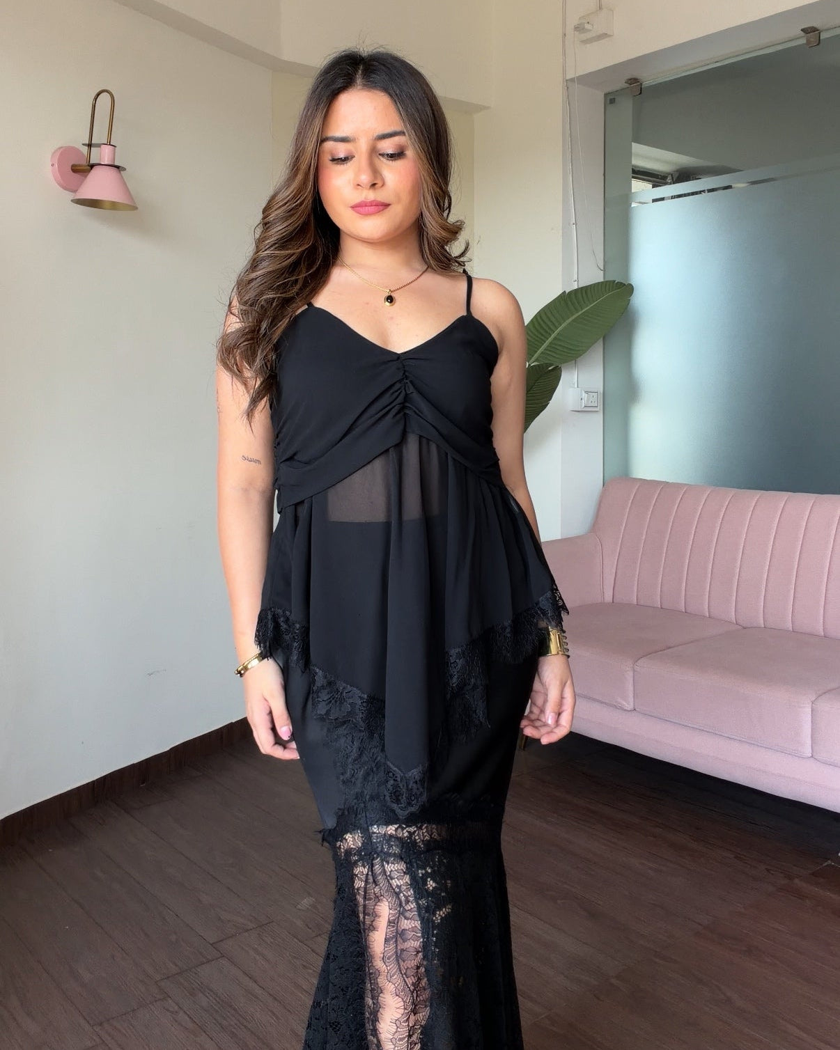 Peplum Chiffon Lace Hem Detailing Top